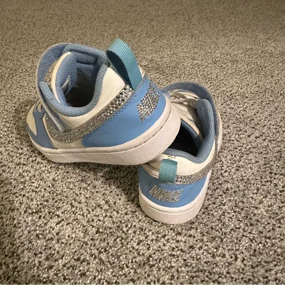 Big Kids NIKE COURT 2.5 Blue White Sneakers Bling Swoosh Logo Crystals